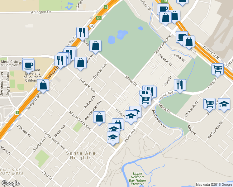 map of restaurants, bars, coffee shops, grocery stores, and more near 285 Santo Tomas Avenue in Costa Mesa