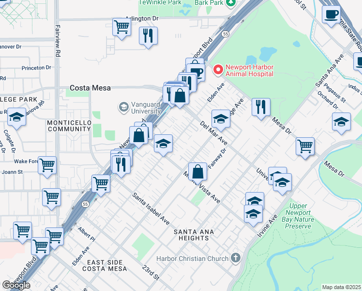 map of restaurants, bars, coffee shops, grocery stores, and more near 2540 Elden Avenue in Costa Mesa