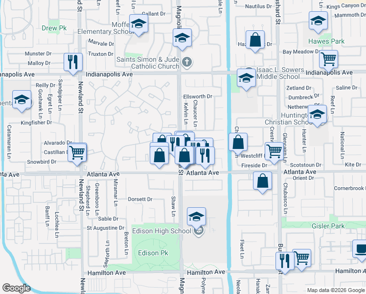 map of restaurants, bars, coffee shops, grocery stores, and more near 9032 5 Harbors Drive in Huntington Beach