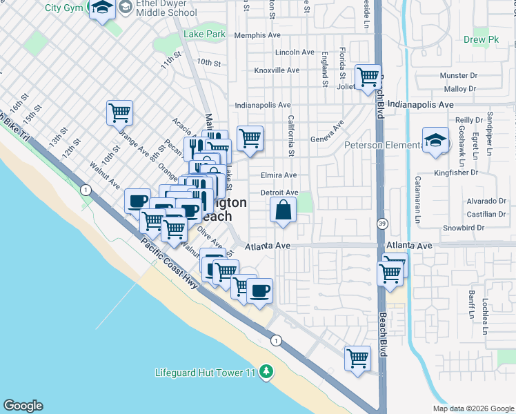map of restaurants, bars, coffee shops, grocery stores, and more near 212 Detroit Avenue in Huntington Beach