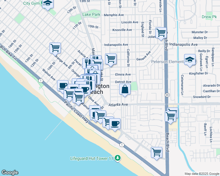 map of restaurants, bars, coffee shops, grocery stores, and more near 214 Detroit Avenue in Huntington Beach