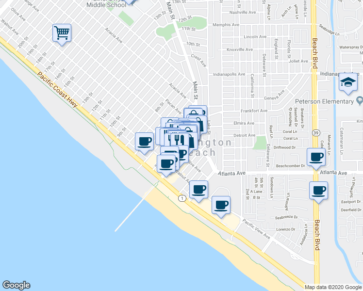 map of restaurants, bars, coffee shops, grocery stores, and more near 313 1/2 5th Street in Huntington Beach
