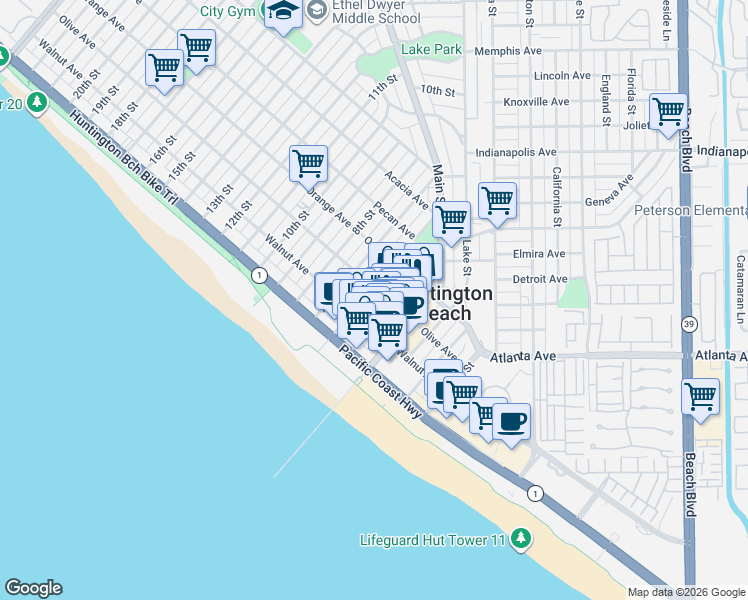 map of restaurants, bars, coffee shops, grocery stores, and more near 225 6th Street in Huntington Beach