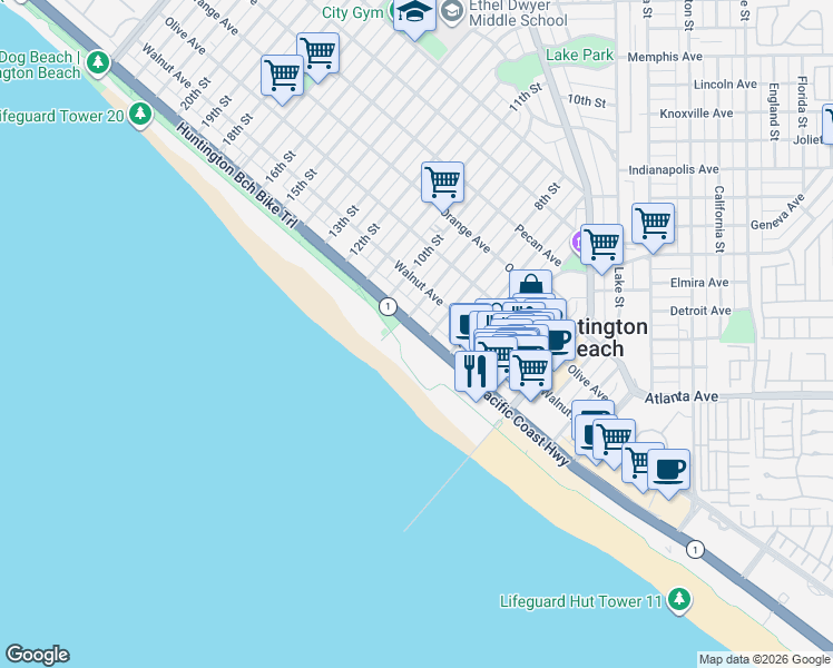 map of restaurants, bars, coffee shops, grocery stores, and more near in Huntington Beach