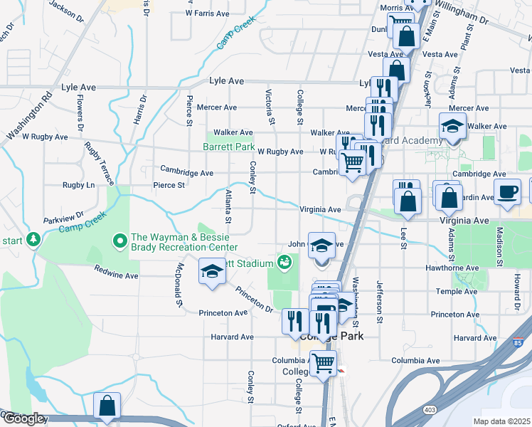 map of restaurants, bars, coffee shops, grocery stores, and more near 1962 Virginia Avenue in Atlanta