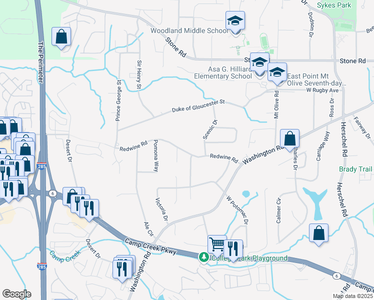 map of restaurants, bars, coffee shops, grocery stores, and more near 2979 Redwine Road in East Point
