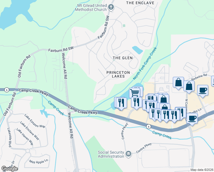 map of restaurants, bars, coffee shops, grocery stores, and more near 3905 Princeton Lakes Pass SouthWest in Atlanta