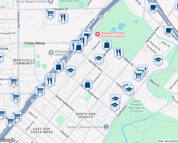 map of restaurants, bars, coffee shops, grocery stores, and more near 2563 Orange Avenue in Costa Mesa