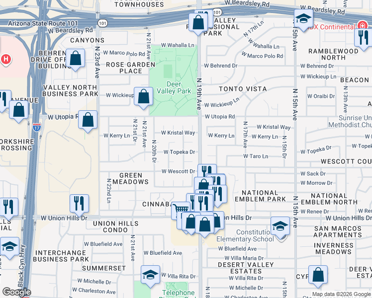 map of restaurants, bars, coffee shops, grocery stores, and more near 1923 West Kerry Lane in Phoenix