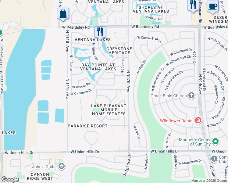 map of restaurants, bars, coffee shops, grocery stores, and more near 10765 West Utopia Road in Peoria