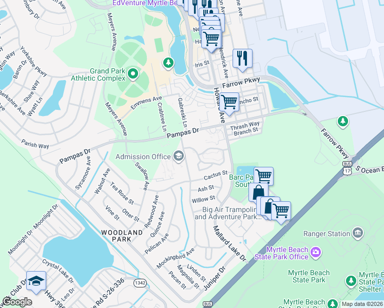map of restaurants, bars, coffee shops, grocery stores, and more near 3591 Evergreen Way in Myrtle Beach