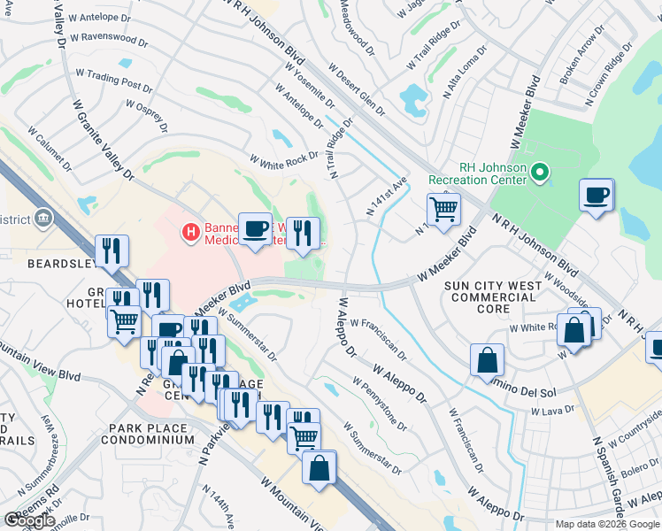 map of restaurants, bars, coffee shops, grocery stores, and more near 14216 West Utica Court in Sun City West