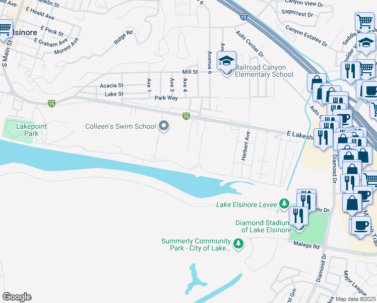 map of restaurants, bars, coffee shops, grocery stores, and more near 911/2 Marian Street in Lake Elsinore