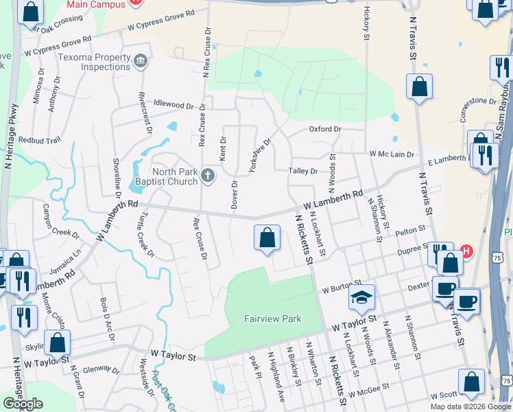 map of restaurants, bars, coffee shops, grocery stores, and more near 901 West Lamberth Road in Sherman
