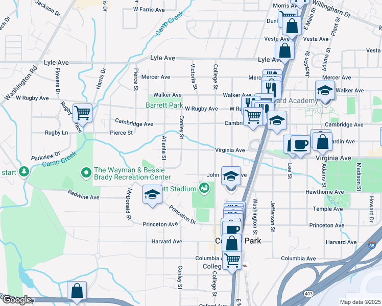 map of restaurants, bars, coffee shops, grocery stores, and more near 1962 Virginia Avenue in Atlanta