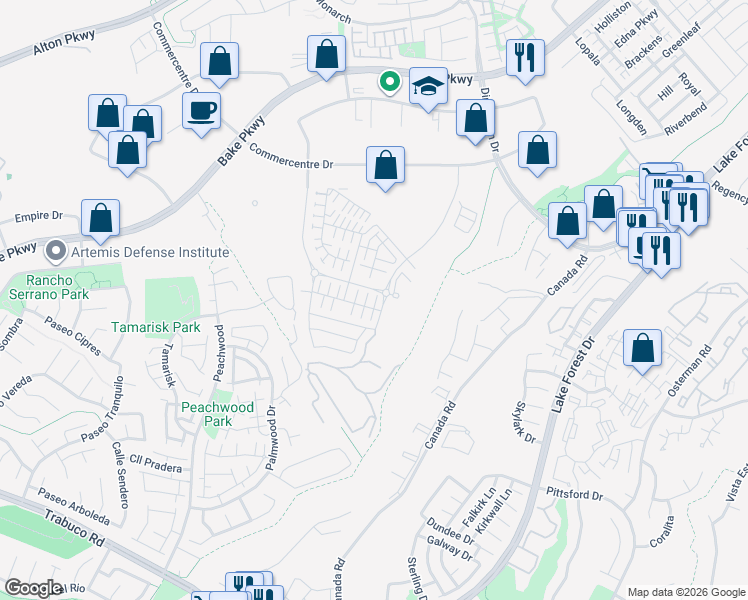 map of restaurants, bars, coffee shops, grocery stores, and more near 602 Catalonia in Lake Forest
