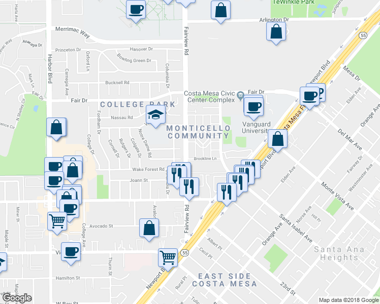 map of restaurants, bars, coffee shops, grocery stores, and more near 2338 Bunker Hill Way in Costa Mesa