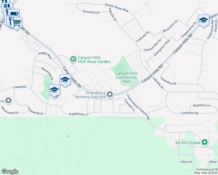 map of restaurants, bars, coffee shops, grocery stores, and more near 34019 Winterberry Lane in Lake Elsinore