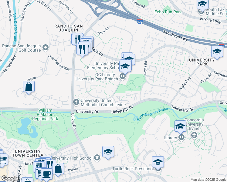 map of restaurants, bars, coffee shops, grocery stores, and more near 4 Dewberry Way in Irvine