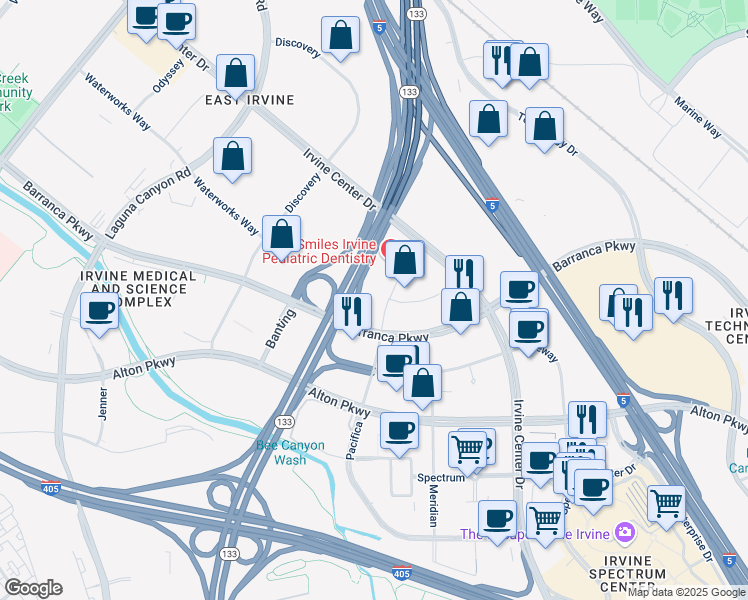 map of restaurants, bars, coffee shops, grocery stores, and more near 100 Pacifica in Irvine