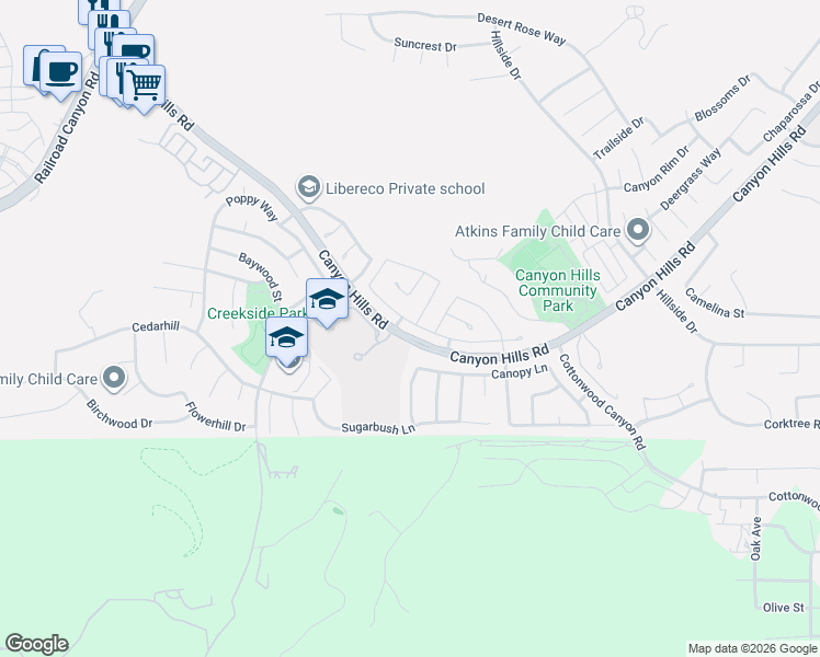 map of restaurants, bars, coffee shops, grocery stores, and more near 33514 Cedar Creek Lane in Lake Elsinore