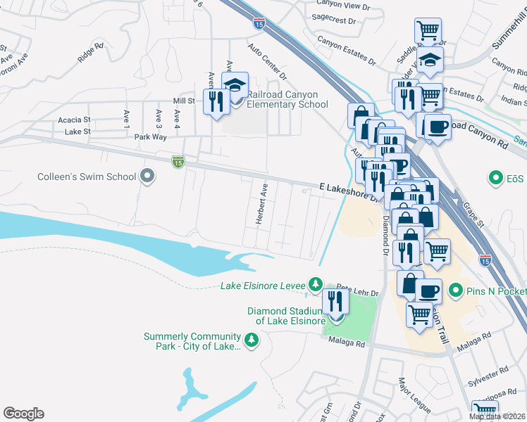 map of restaurants, bars, coffee shops, grocery stores, and more near 90 Herbert Avenue in Lake Elsinore