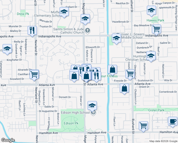 map of restaurants, bars, coffee shops, grocery stores, and more near 9032 5 Harbors Drive in Huntington Beach