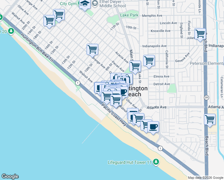 map of restaurants, bars, coffee shops, grocery stores, and more near 225 6th Street in Huntington Beach