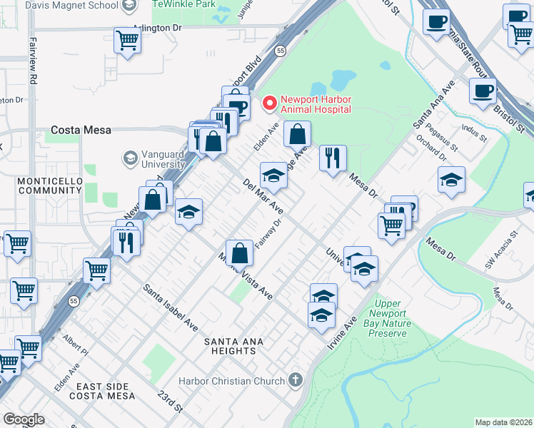 map of restaurants, bars, coffee shops, grocery stores, and more near 208 Susannah Place in Costa Mesa