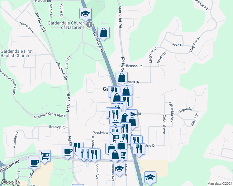 map of restaurants, bars, coffee shops, grocery stores, and more near 1312 U.S. 31 in Gardendale
