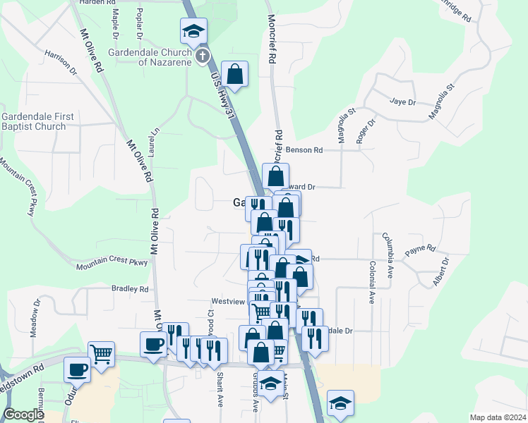 map of restaurants, bars, coffee shops, grocery stores, and more near 1312 U.S. Highway 31 in Gardendale