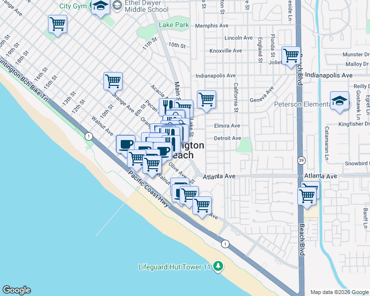 map of restaurants, bars, coffee shops, grocery stores, and more near 320 Lake Street in Huntington Beach