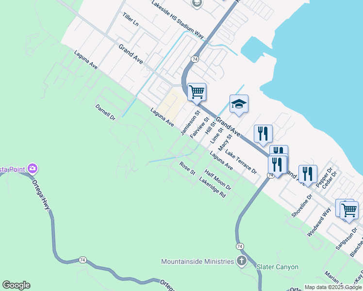 map of restaurants, bars, coffee shops, grocery stores, and more near 33215 Fairview Street in Lake Elsinore