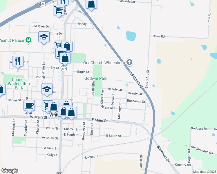 map of restaurants, bars, coffee shops, grocery stores, and more near 209 Beauty Lane in Whitesboro