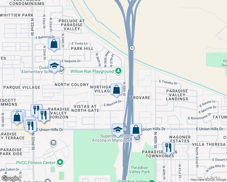 map of restaurants, bars, coffee shops, grocery stores, and more near 19037 North 37th Street in Phoenix
