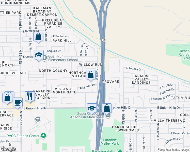 map of restaurants, bars, coffee shops, grocery stores, and more near 3739 East Topeka Drive in Phoenix