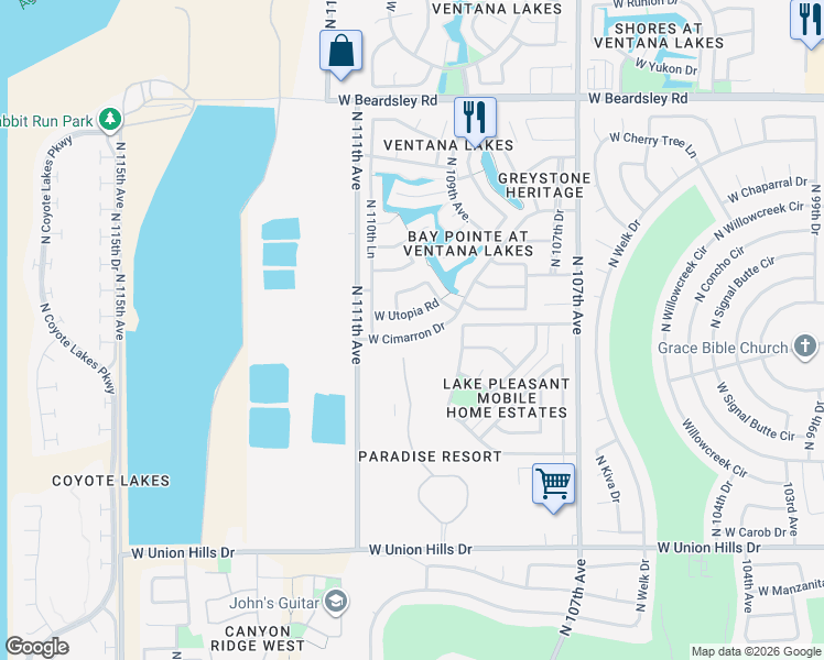map of restaurants, bars, coffee shops, grocery stores, and more near 11015 West Utopia Road in Sun City
