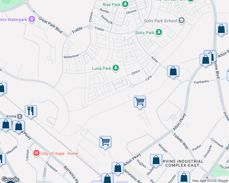 map of restaurants, bars, coffee shops, grocery stores, and more near 458 Loon in Irvine
