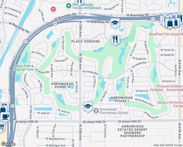 map of restaurants, bars, coffee shops, grocery stores, and more near 19402 North 73rd Lane in Glendale