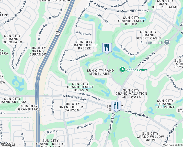 map of restaurants, bars, coffee shops, grocery stores, and more near 16139 West Desert Cove Way in Surprise