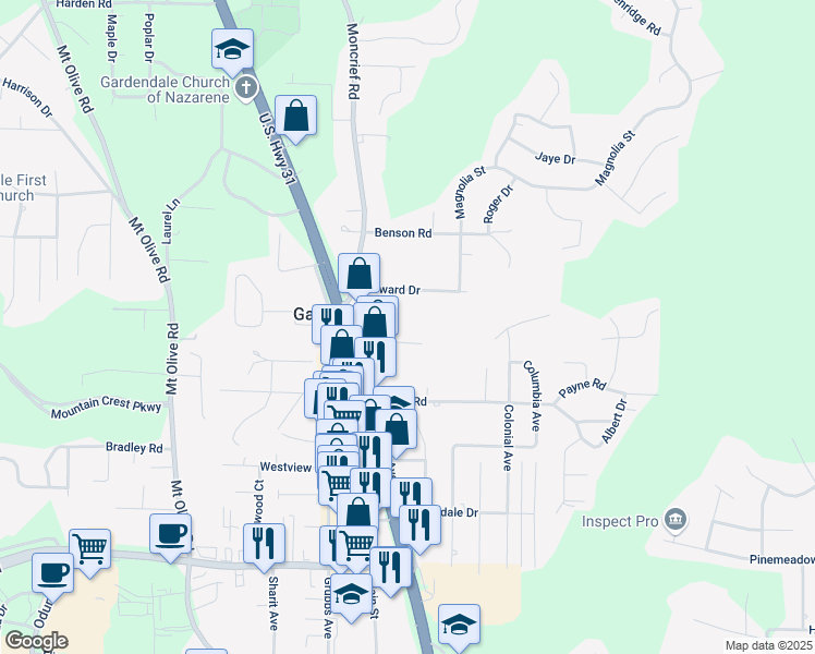 map of restaurants, bars, coffee shops, grocery stores, and more near 1409 Thompson Circle in Gardendale