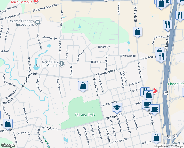 map of restaurants, bars, coffee shops, grocery stores, and more near 2510 North Ricketts Street in Sherman