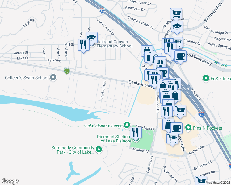 map of restaurants, bars, coffee shops, grocery stores, and more near 1800 East Lakeshore Drive in Lake Elsinore