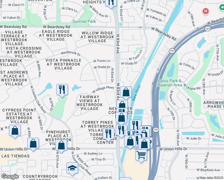 map of restaurants, bars, coffee shops, grocery stores, and more near 8357 West Utopia Road in Peoria