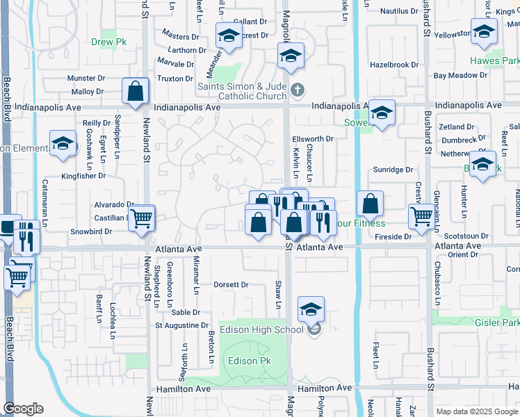 map of restaurants, bars, coffee shops, grocery stores, and more near 8877 Lauderdale Court in Huntington Beach