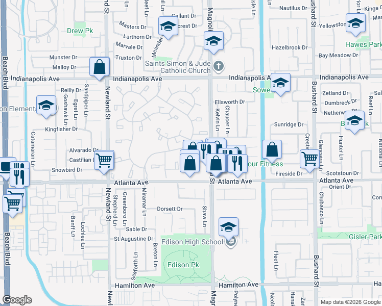 map of restaurants, bars, coffee shops, grocery stores, and more near 8788 Coral Springs Court in Huntington Beach