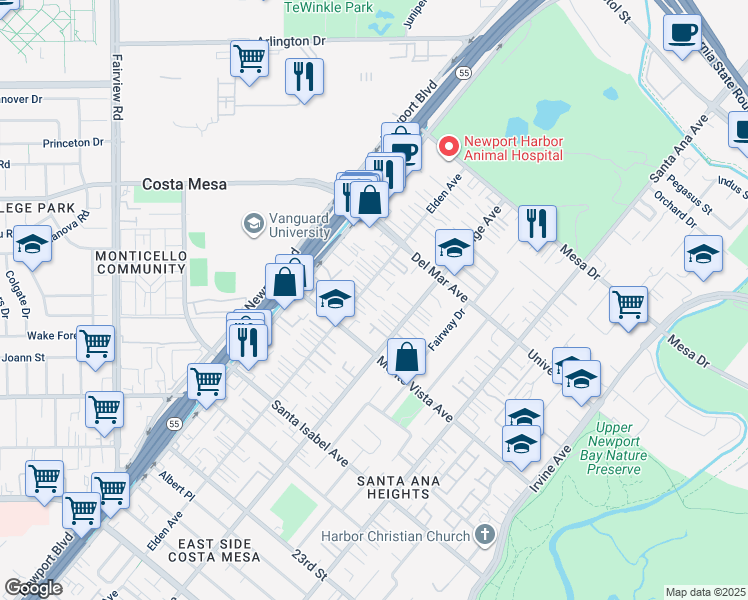 map of restaurants, bars, coffee shops, grocery stores, and more near 2524 Elden Avenue in Costa Mesa