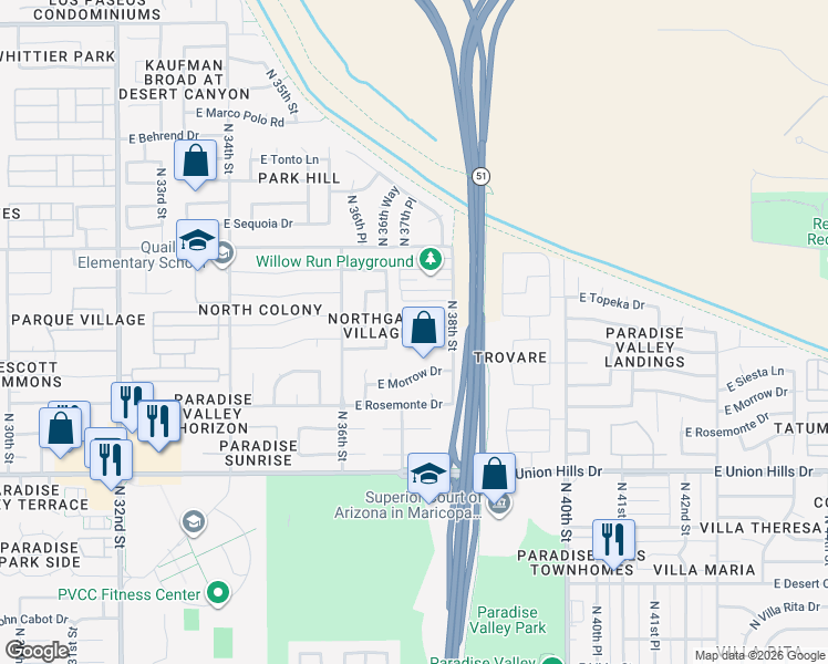 map of restaurants, bars, coffee shops, grocery stores, and more near 19037 North 37th Street in Phoenix