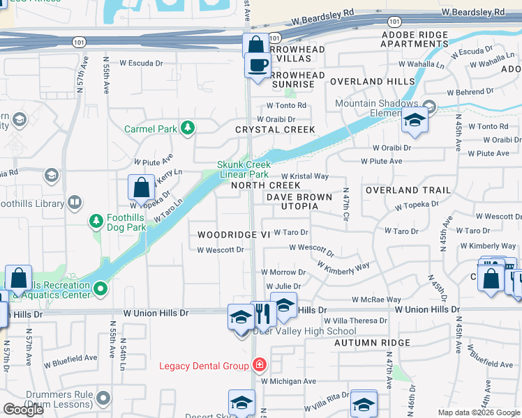 map of restaurants, bars, coffee shops, grocery stores, and more near 19202 North 50th Lane in Glendale