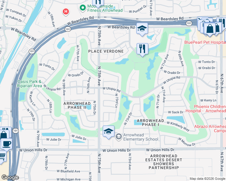 map of restaurants, bars, coffee shops, grocery stores, and more near 19402 North 73rd Lane in Glendale